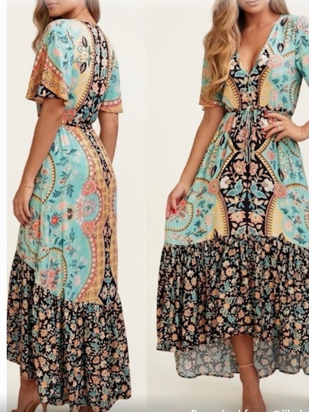 FARM Rio Aqua Paisley High-Low Midi  dress